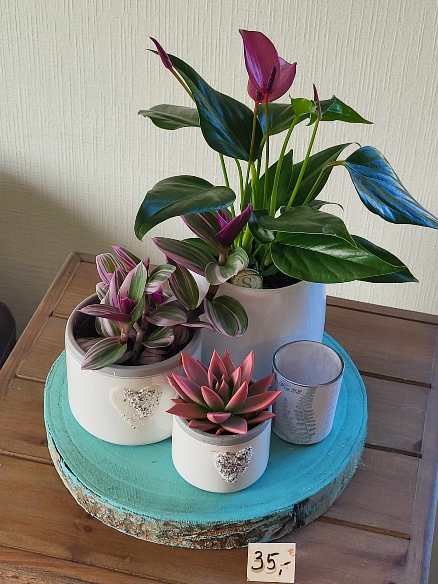 decoratie schotel met droogbloemen en orchidee in potjes met vogeltjes motief
